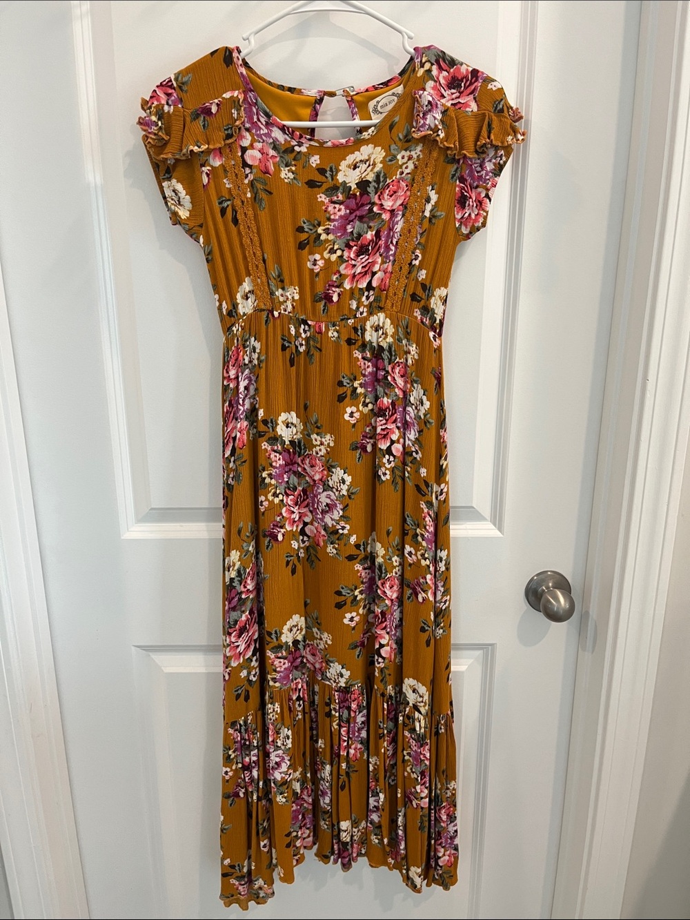 Mustard Floral Maxi Dress with Ruffle Sleeves